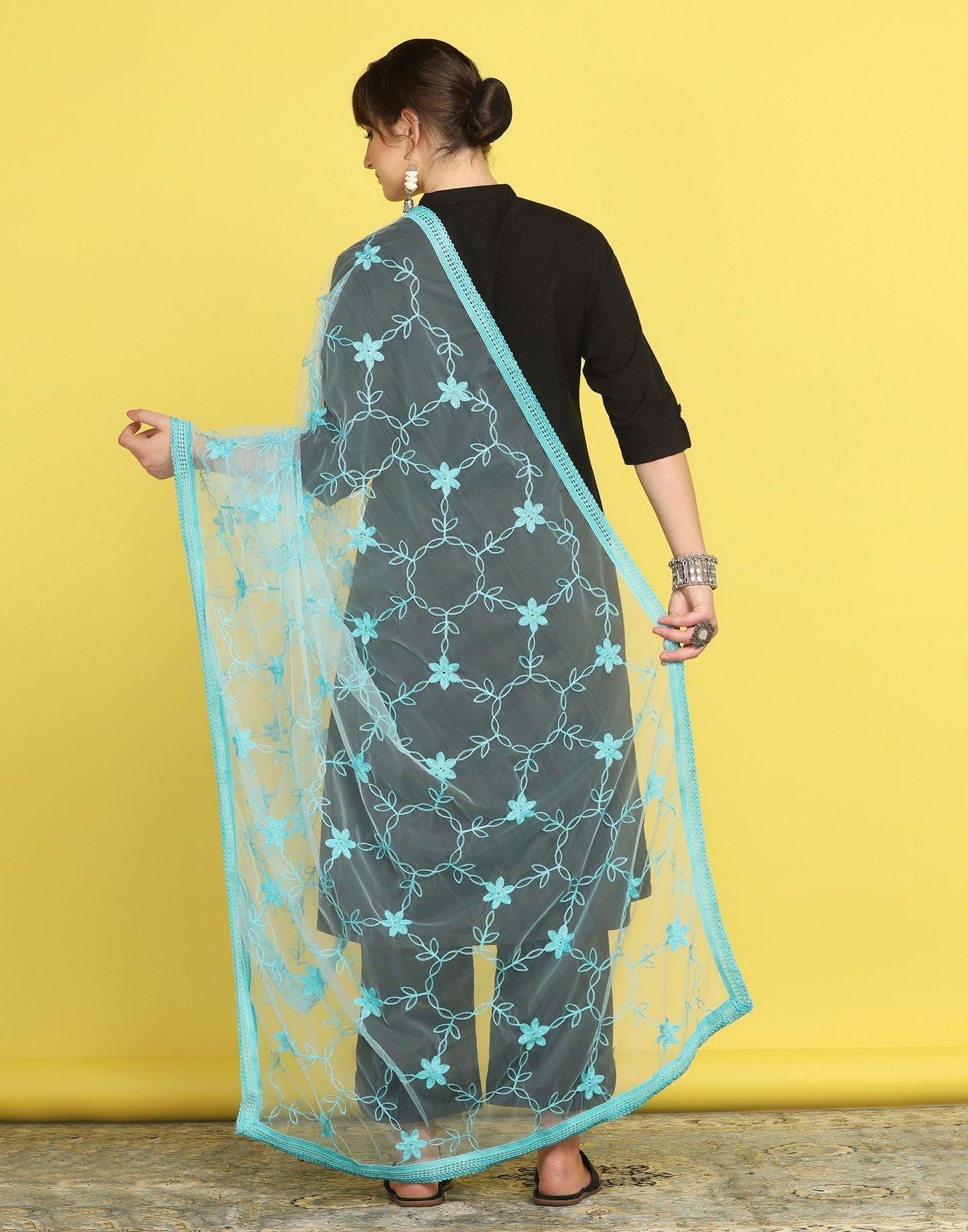 Sky Blue Net Embroidery Dupatta | Leemboodi