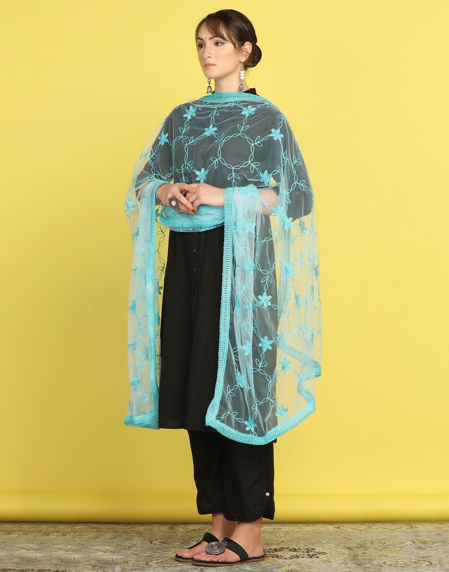Sky Blue Net Embroidery Dupatta | Leemboodi