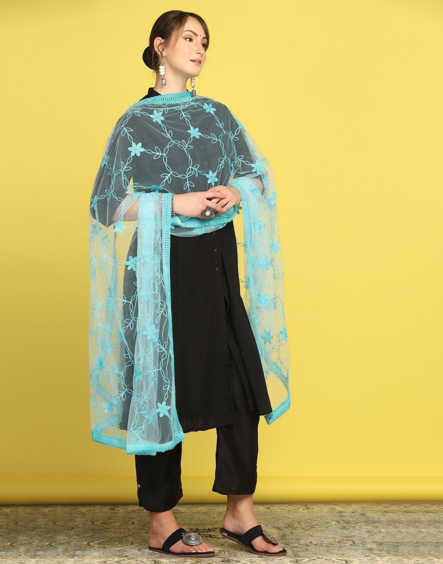 Sky Blue Net Embroidery Dupatta | Leemboodi