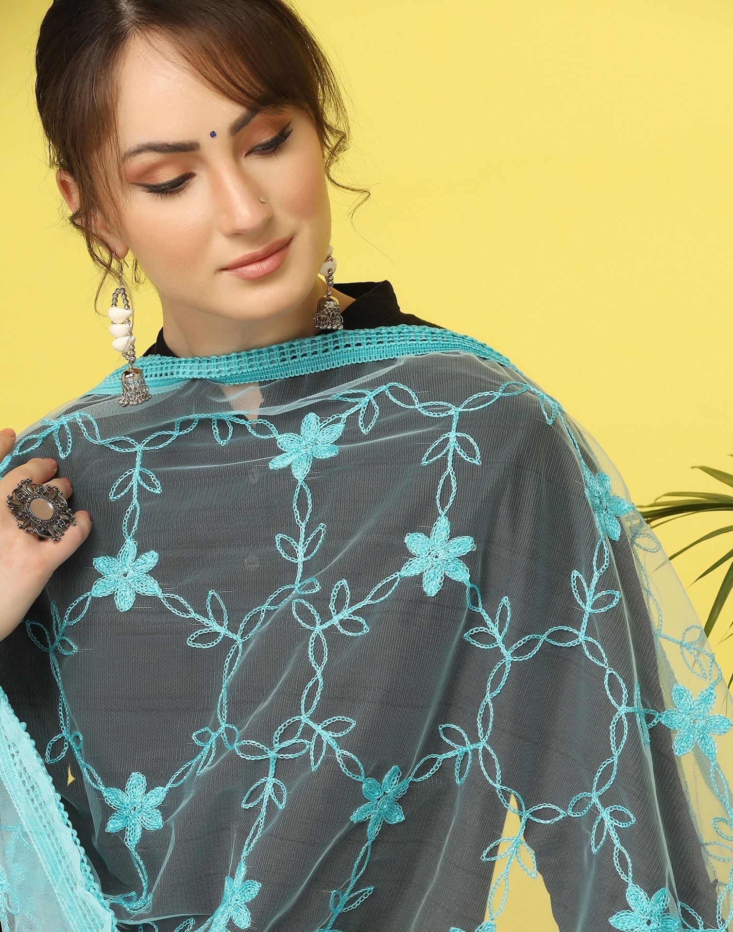 Sky Blue Net Embroidery Dupatta | Leemboodi