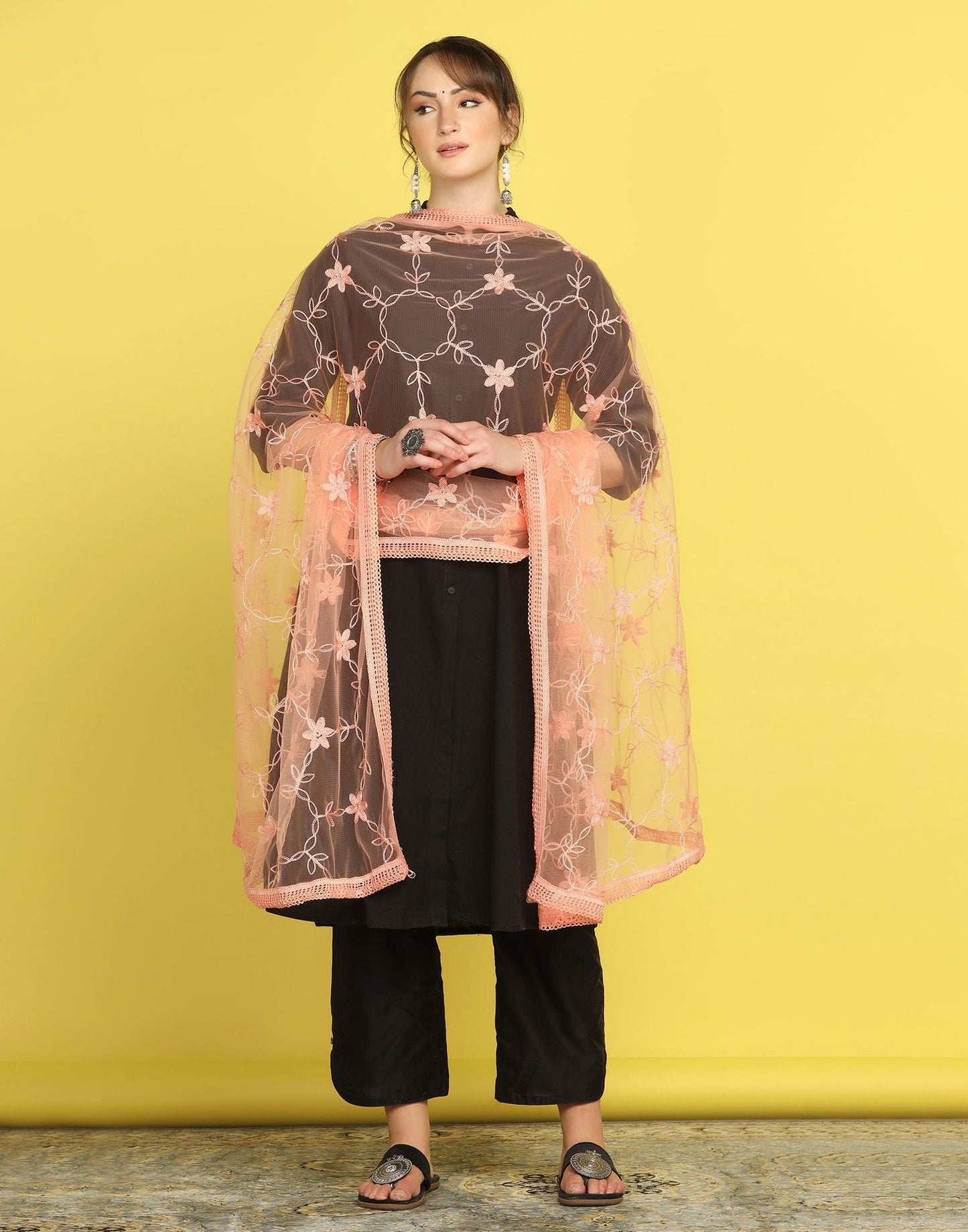 Light Orange Net Embroidery Dupatta | Leemboodi