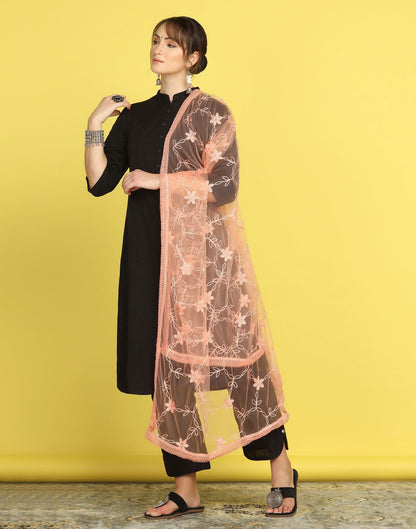 Light Orange Net Embroidery Dupatta | Leemboodi