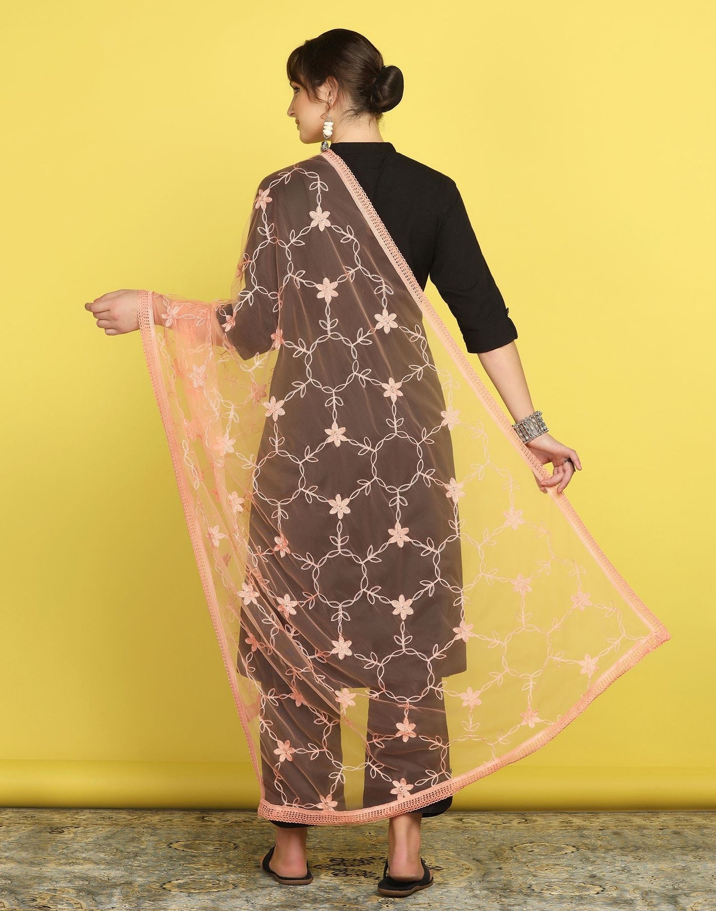 Light Orange Net Embroidery Dupatta | Leemboodi