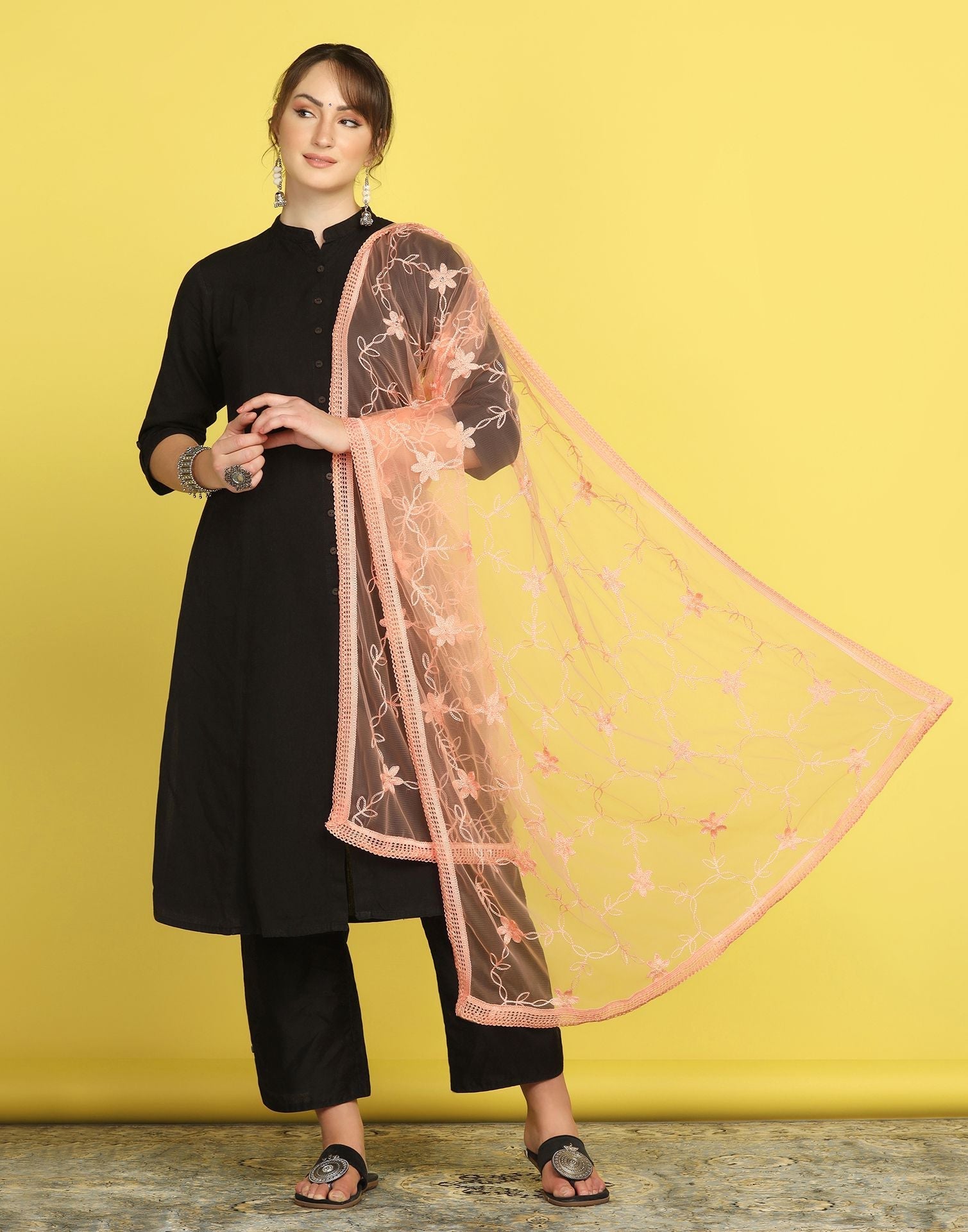 Light Orange Net Embroidery Dupatta | Leemboodi
