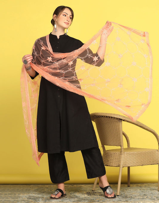 Light Orange Net Embroidery Dupatta | Leemboodi