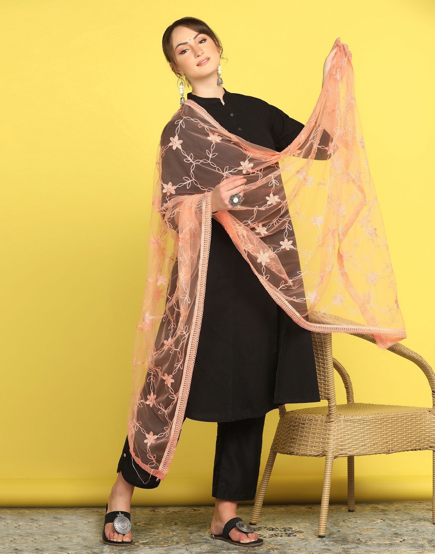 Light Orange Net Embroidery Dupatta | Leemboodi