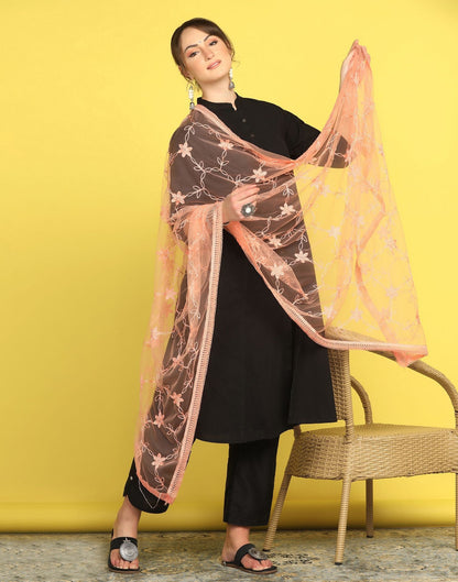 Light Orange Net Embroidery Dupatta | Leemboodi