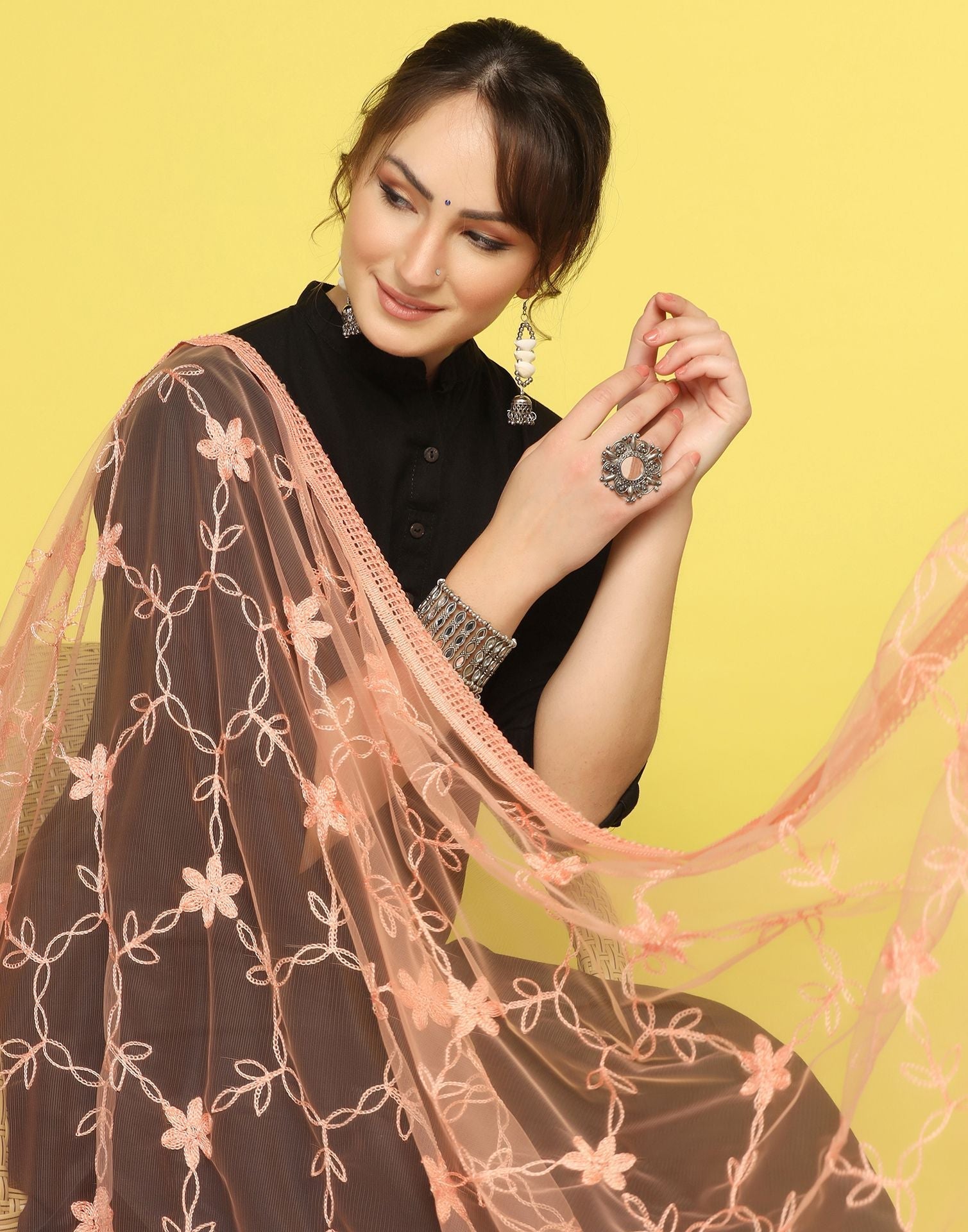 Light Orange Net Embroidery Dupatta | Leemboodi