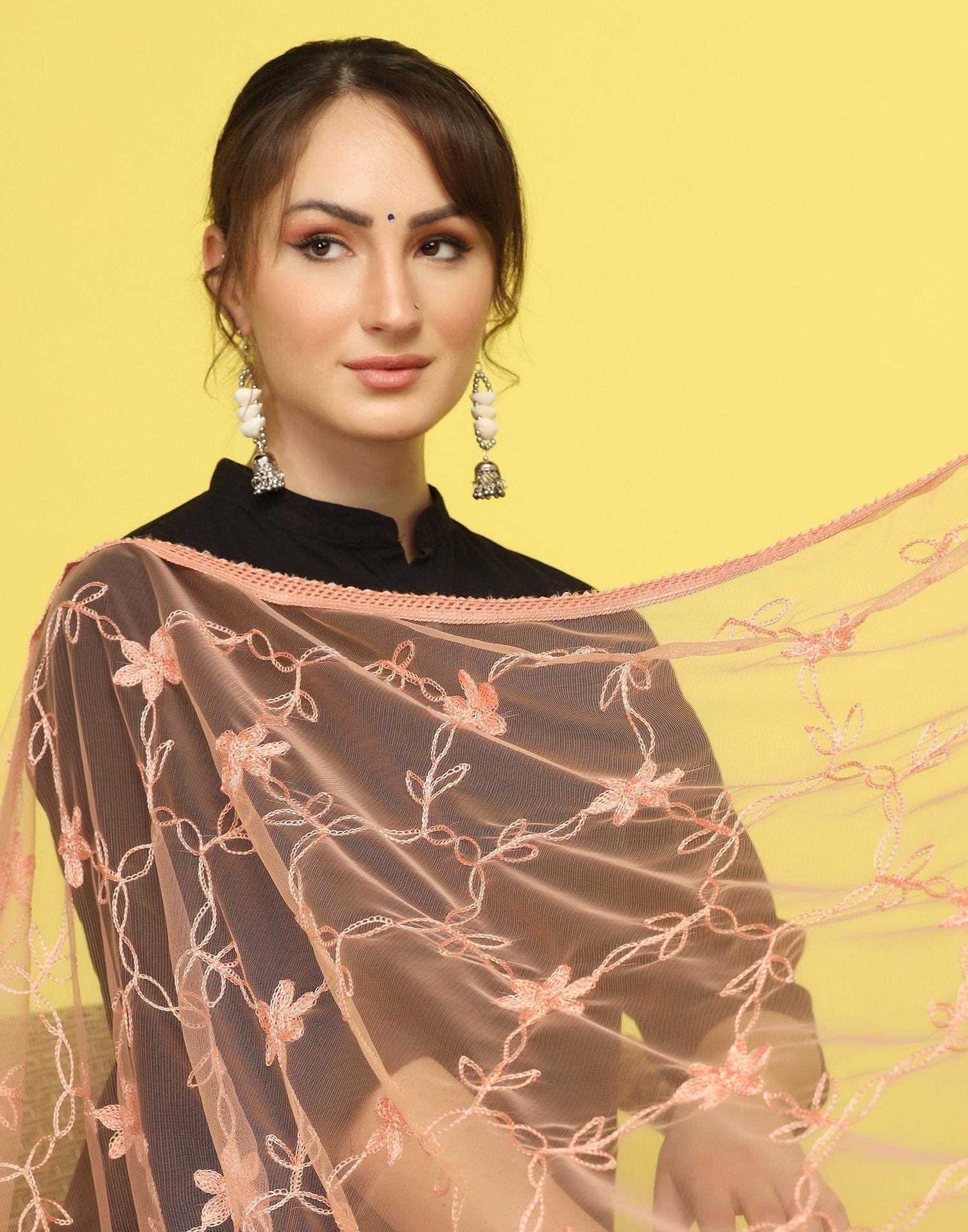 Light Orange Net Embroidery Dupatta | Leemboodi