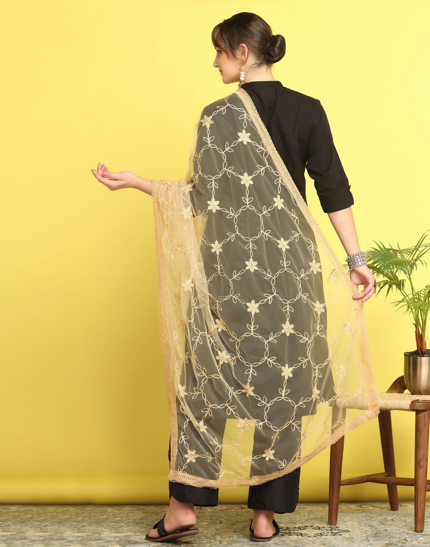 Cream Net Embroidery Dupatta | Leemboodi