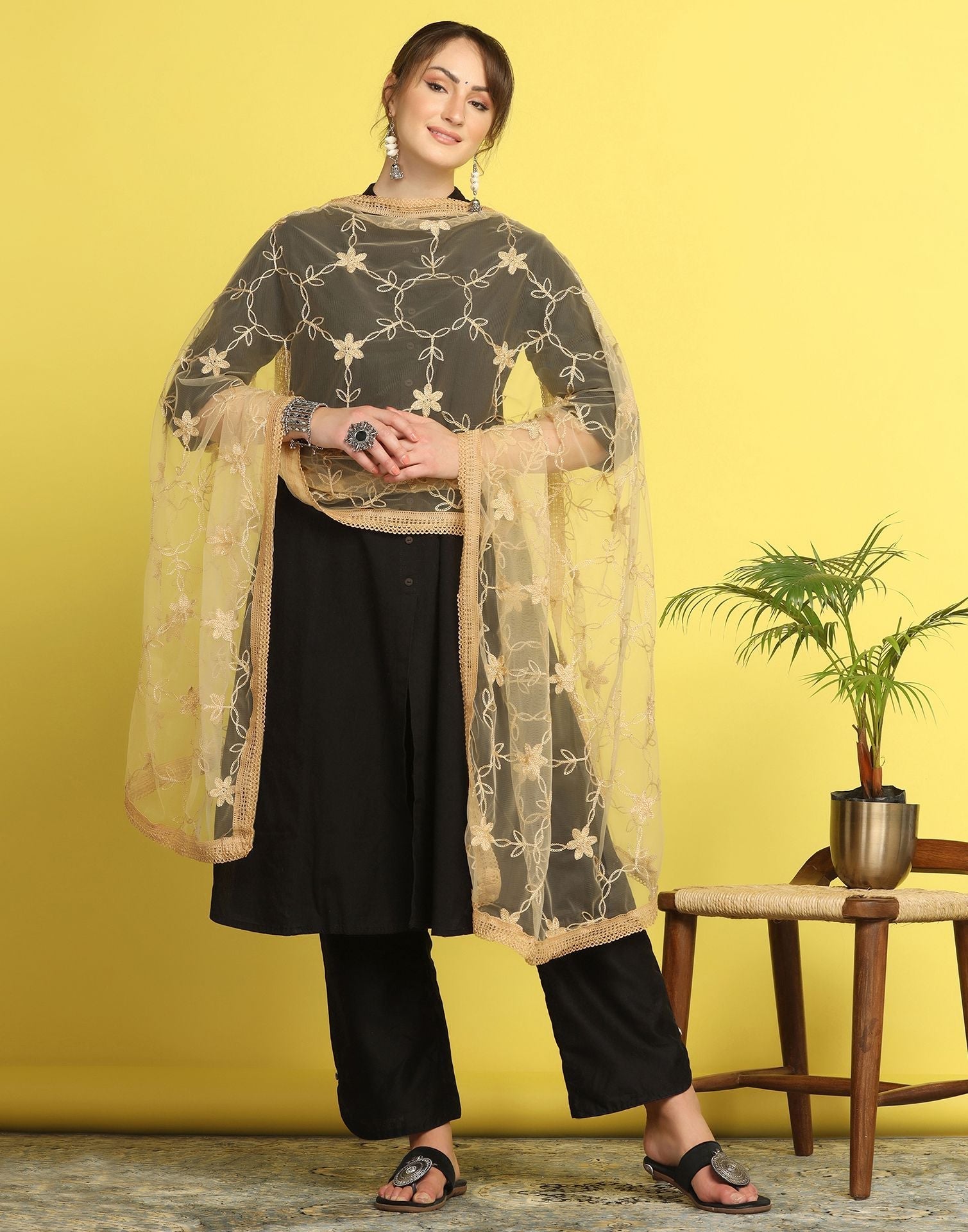 Cream Net Embroidery Dupatta | Leemboodi