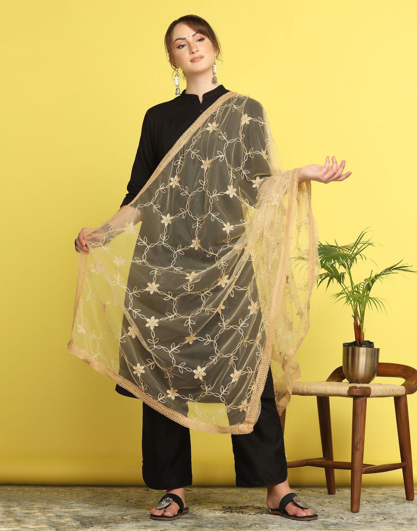Cream Net Embroidery Dupatta | Leemboodi