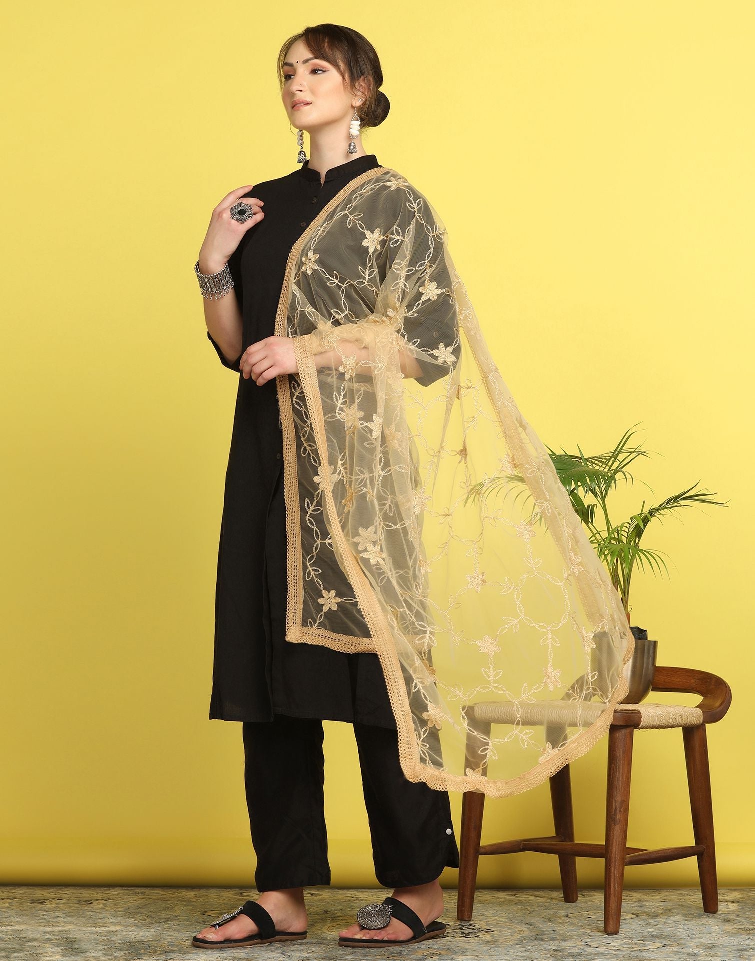 Cream Net Embroidery Dupatta | Leemboodi