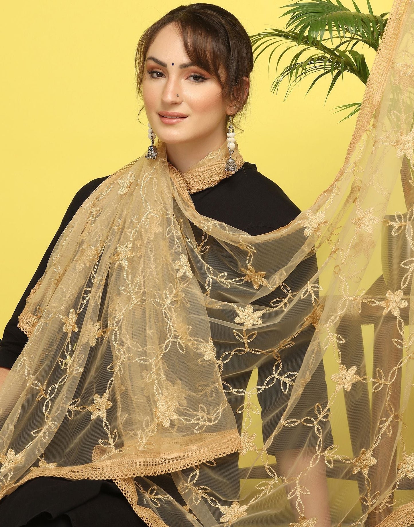 Cream Net Embroidery Dupatta | Leemboodi