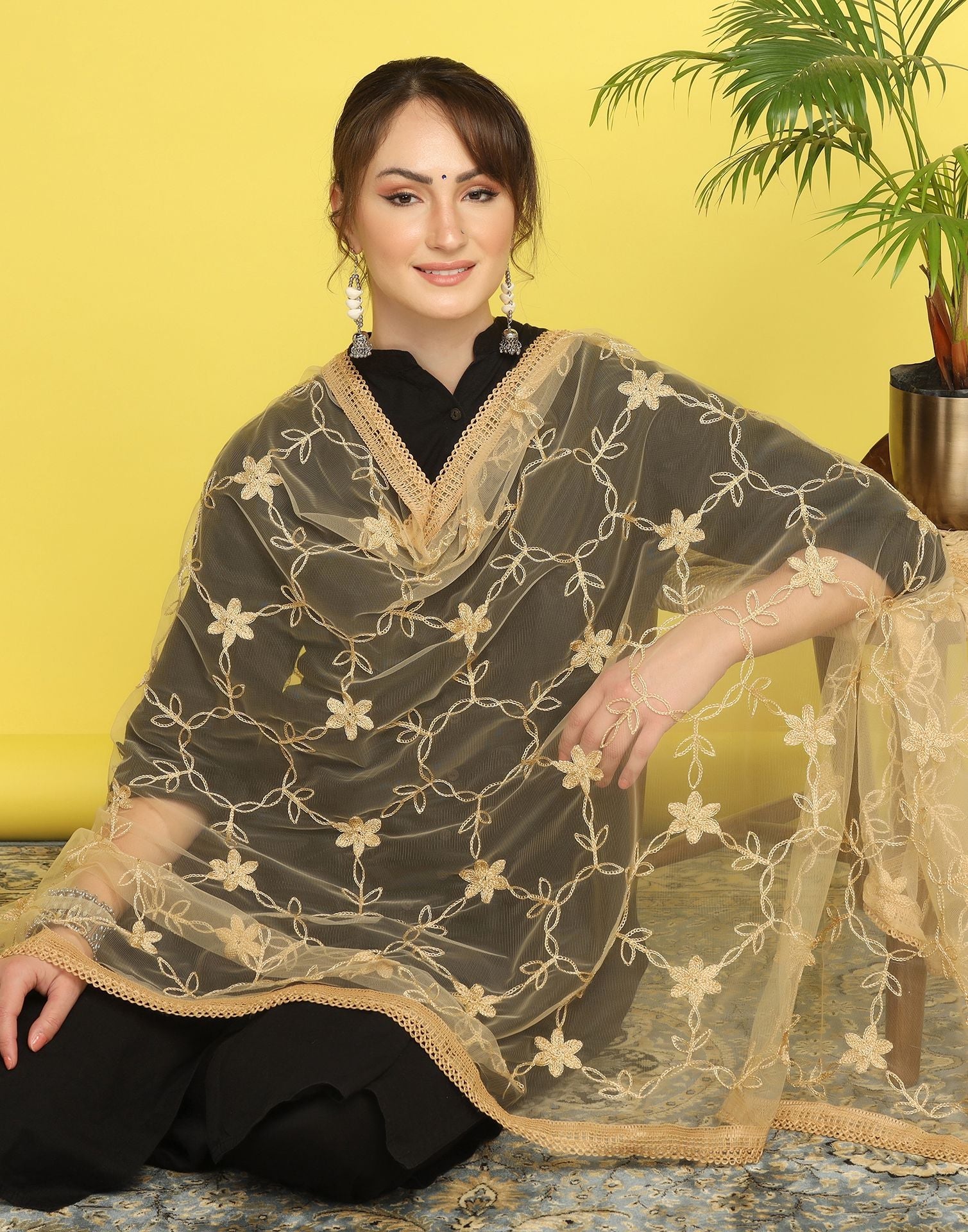 Cream Net Embroidery Dupatta | Leemboodi