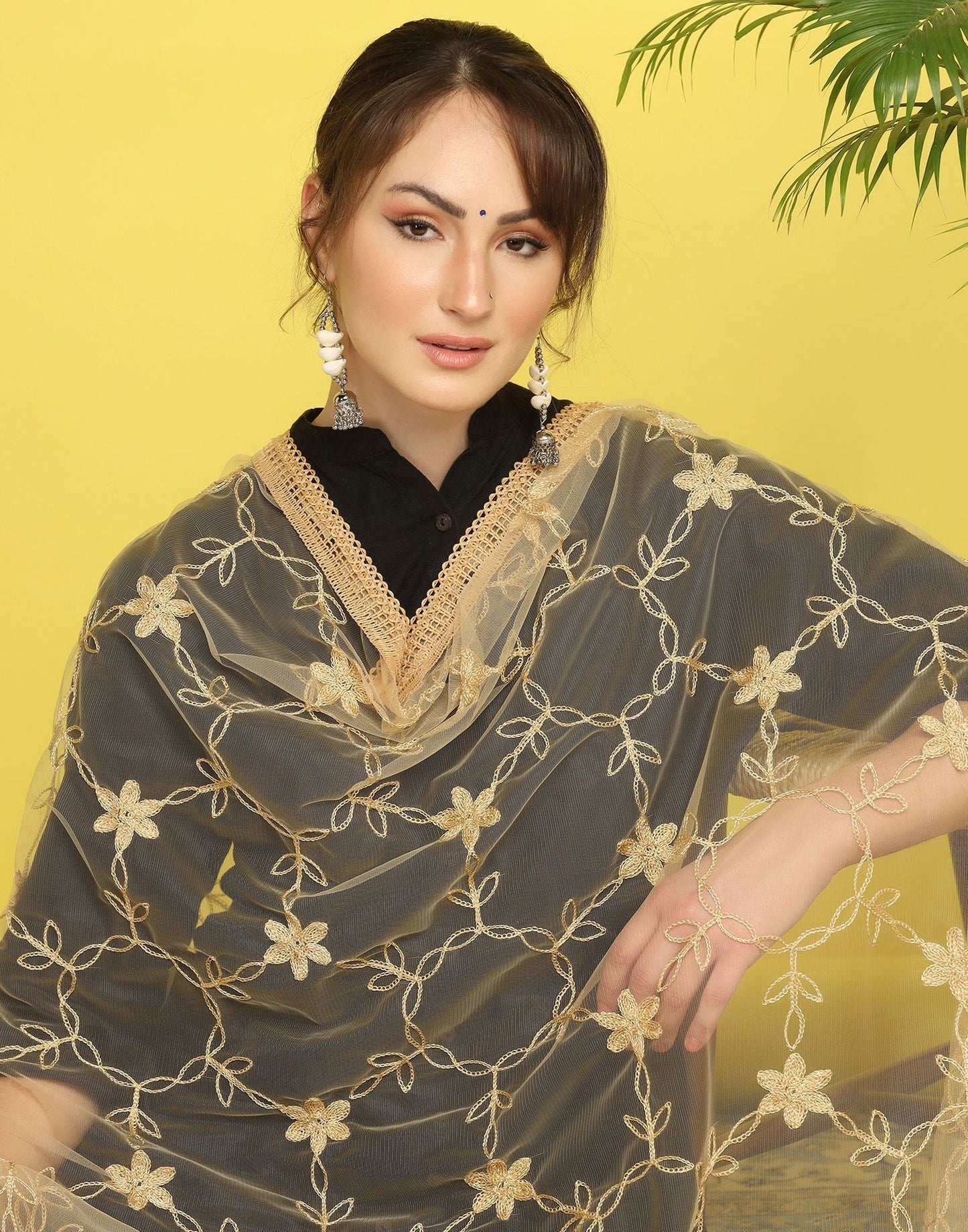 Cream Net Embroidery Dupatta | Leemboodi
