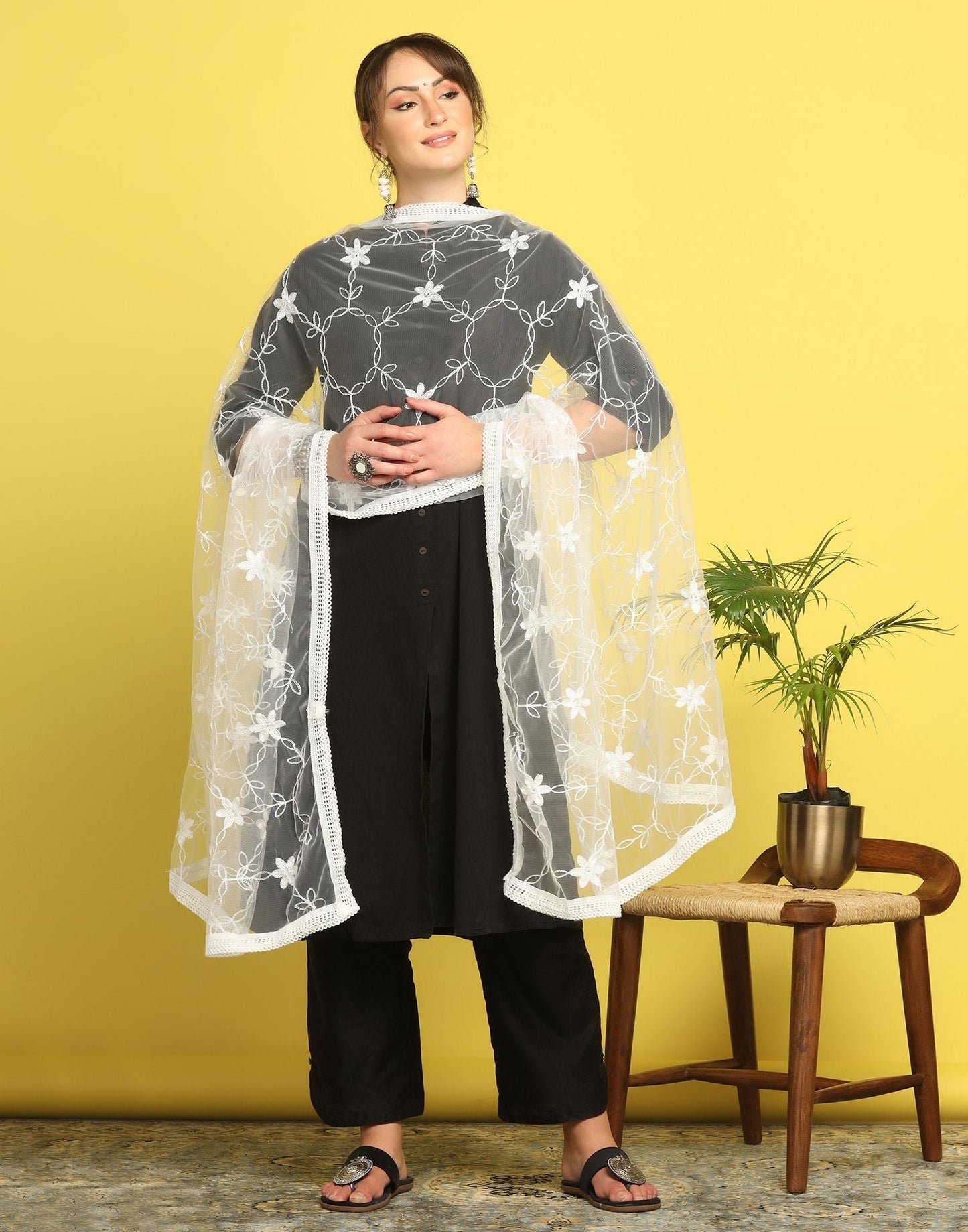 White Net Embroidery Dupatta | Leemboodi
