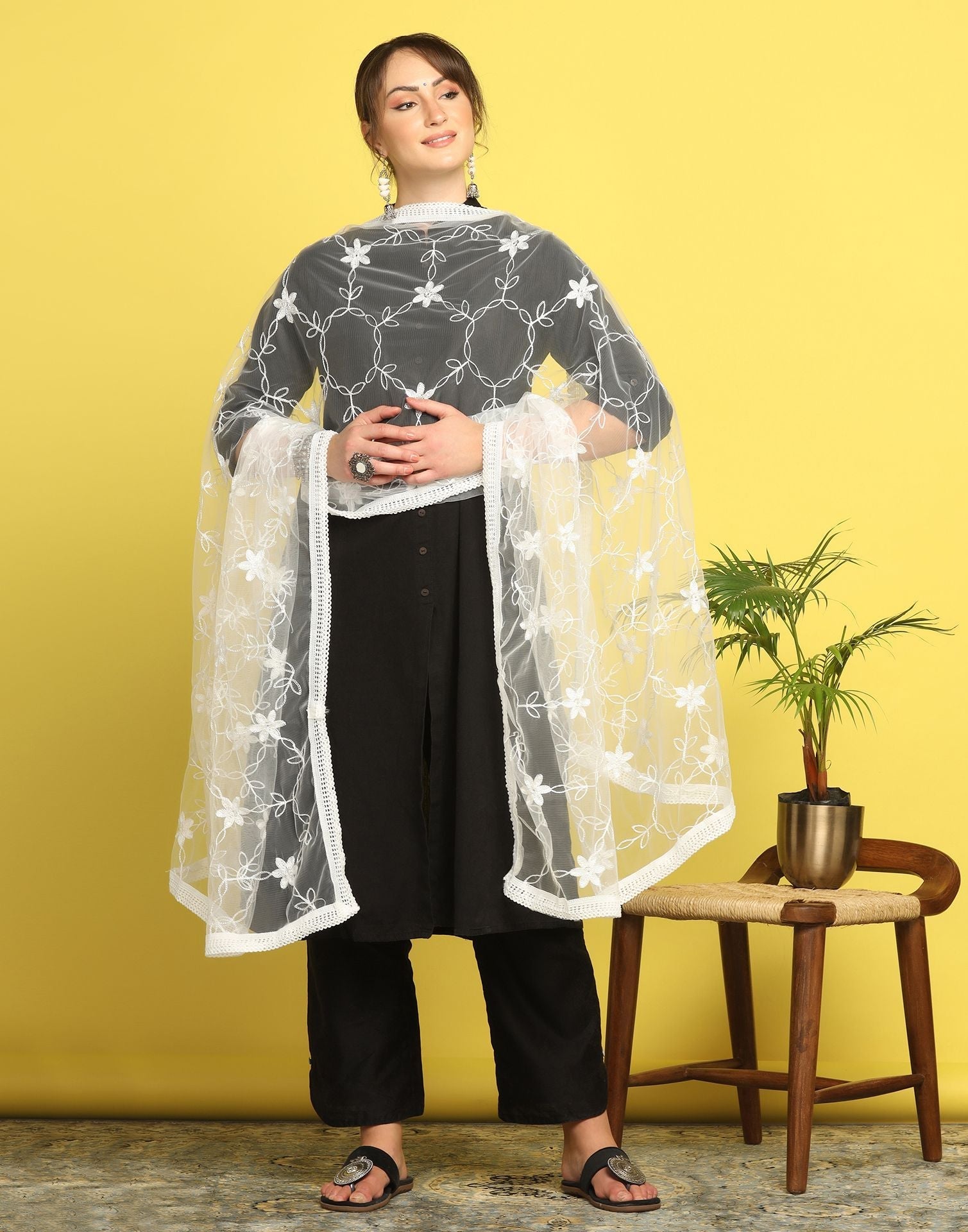 White Net Embroidery Dupatta | Leemboodi