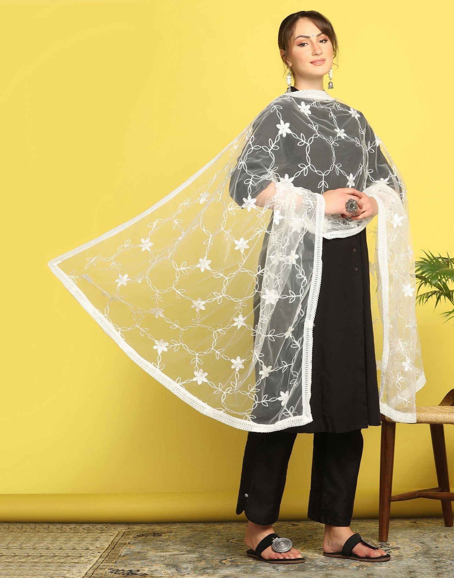 White Net Embroidery Dupatta | Leemboodi