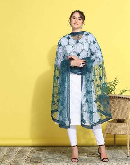 Rama Blue Net Embroidery Dupatta | Leemboodi