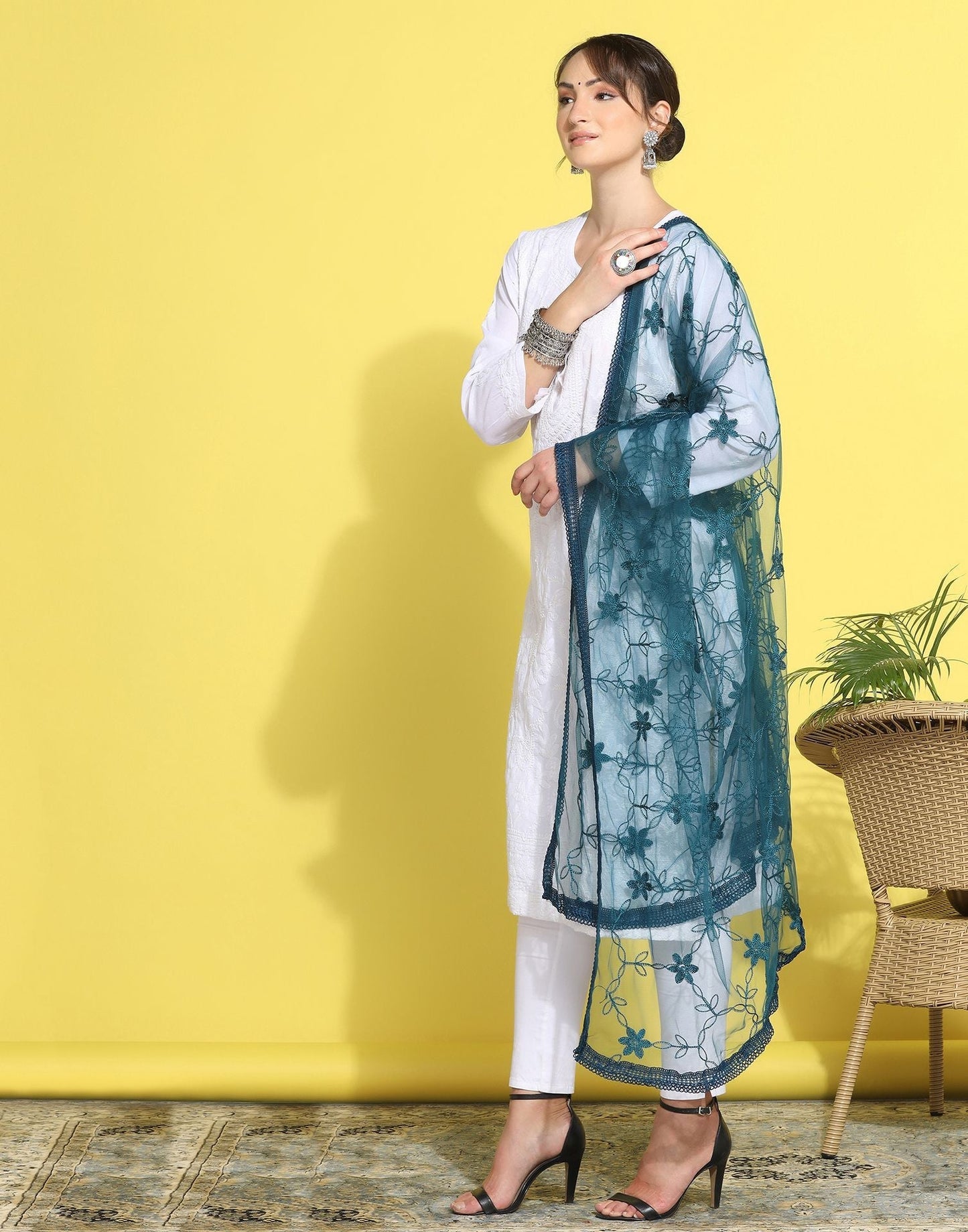 Rama Blue Net Embroidery Dupatta | Leemboodi