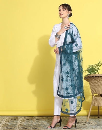 Rama Blue Net Embroidery Dupatta | Leemboodi