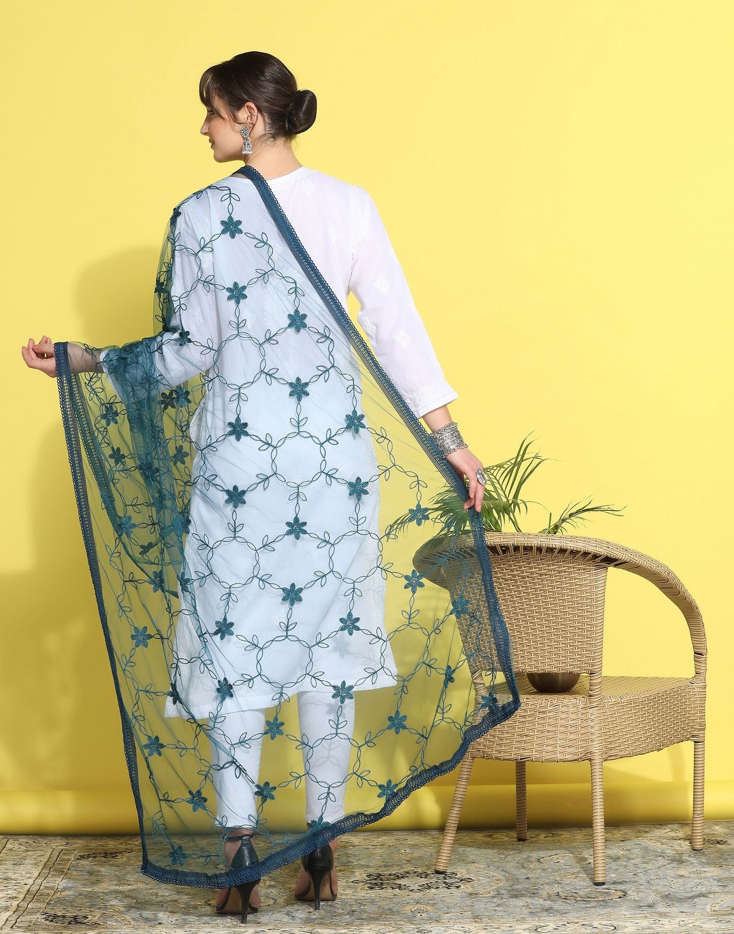 Rama Blue Net Embroidery Dupatta | Leemboodi