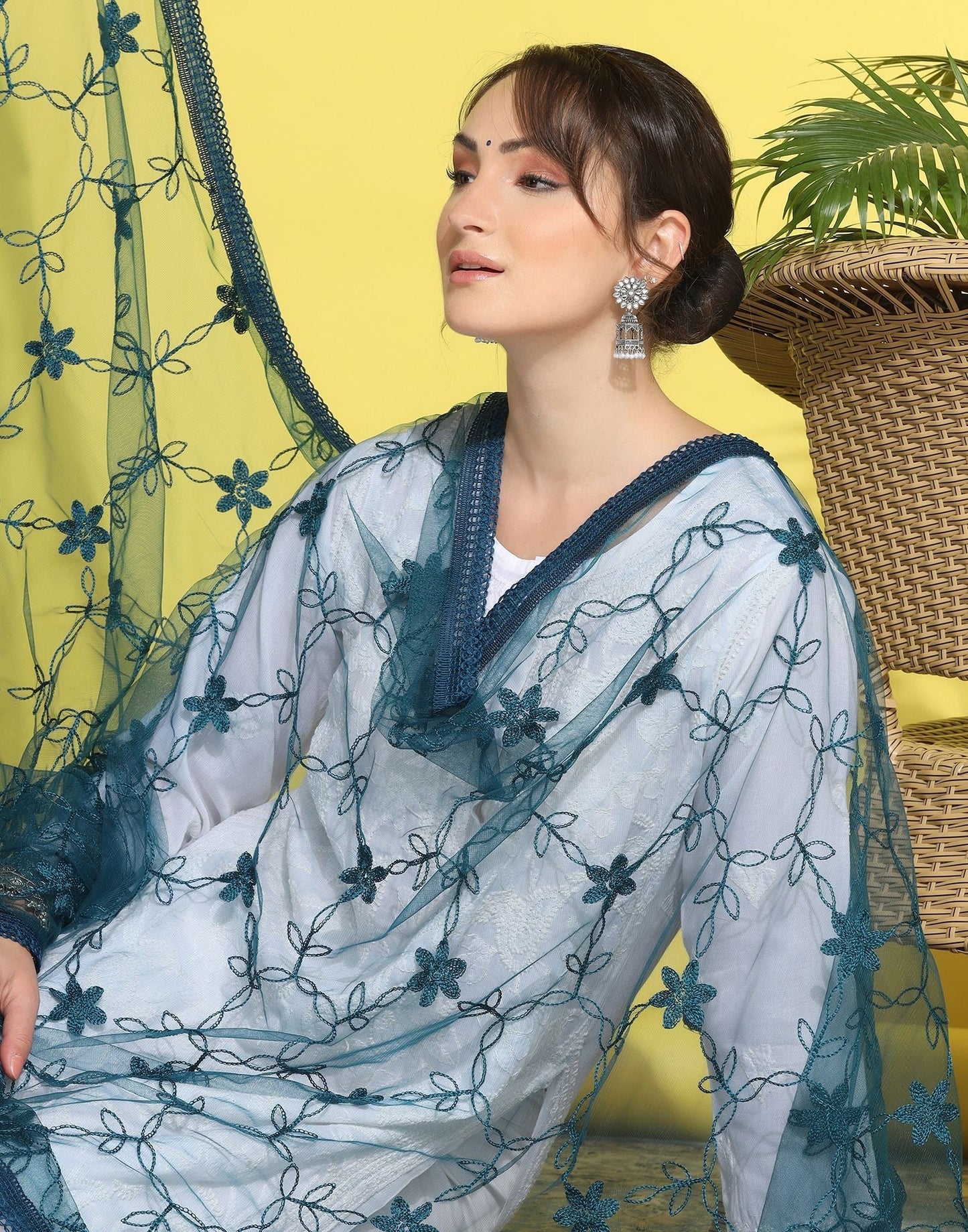 Rama Blue Net Embroidery Dupatta | Leemboodi