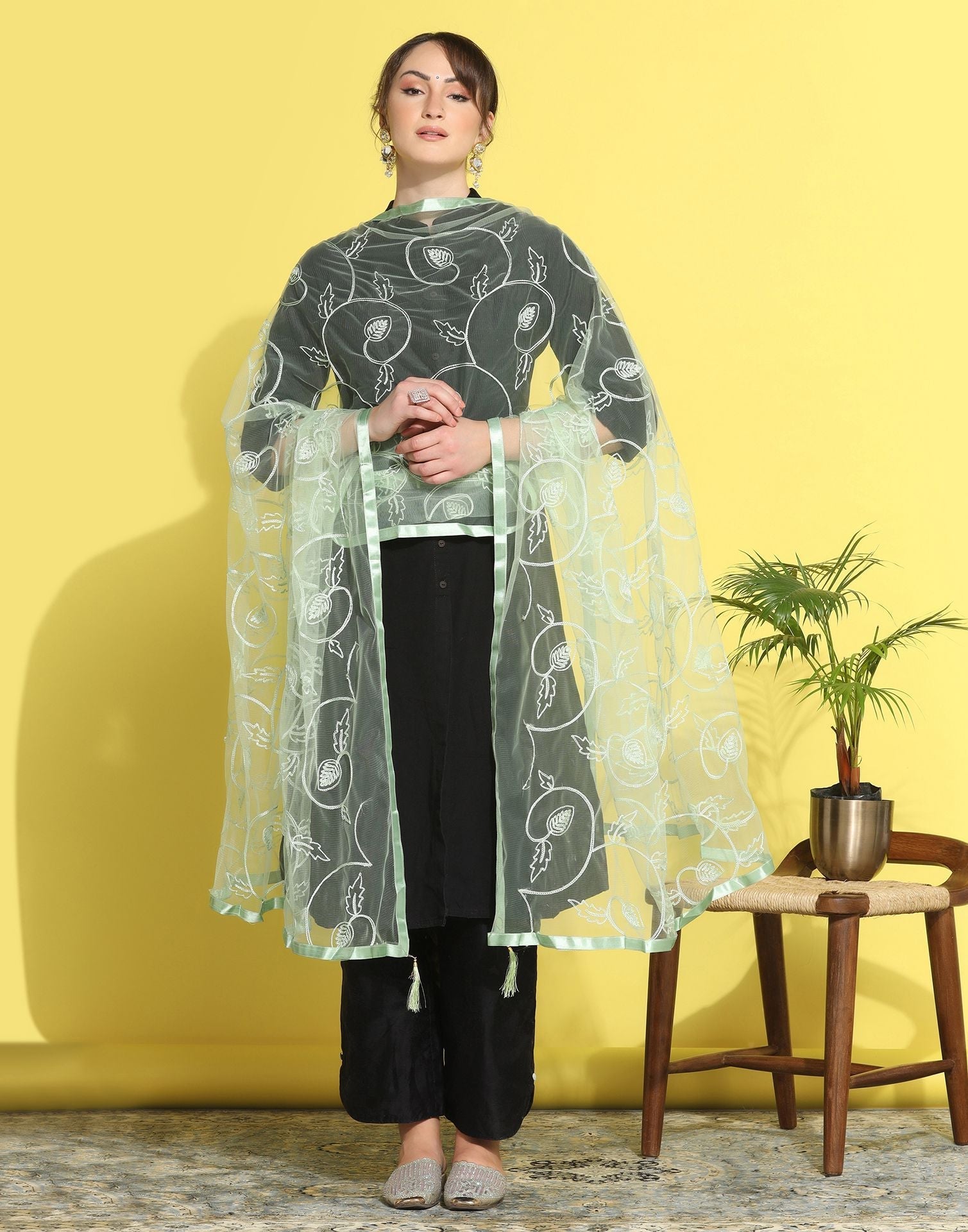 Light Green Net Embroidery Dupatta | Leemboodi