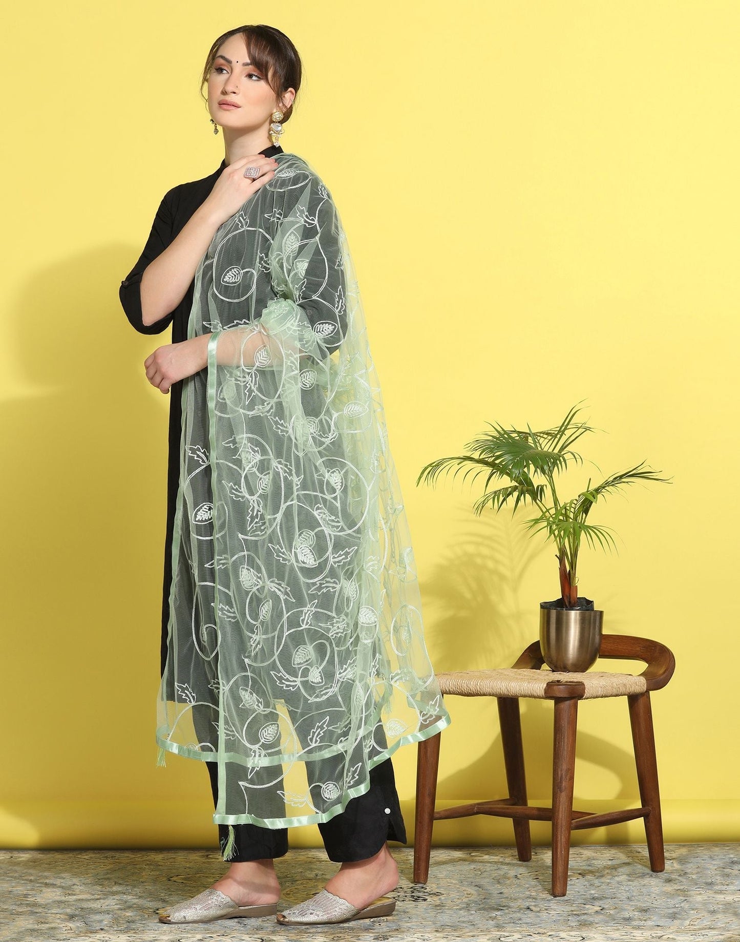 Light Green Net Embroidery Dupatta | Leemboodi