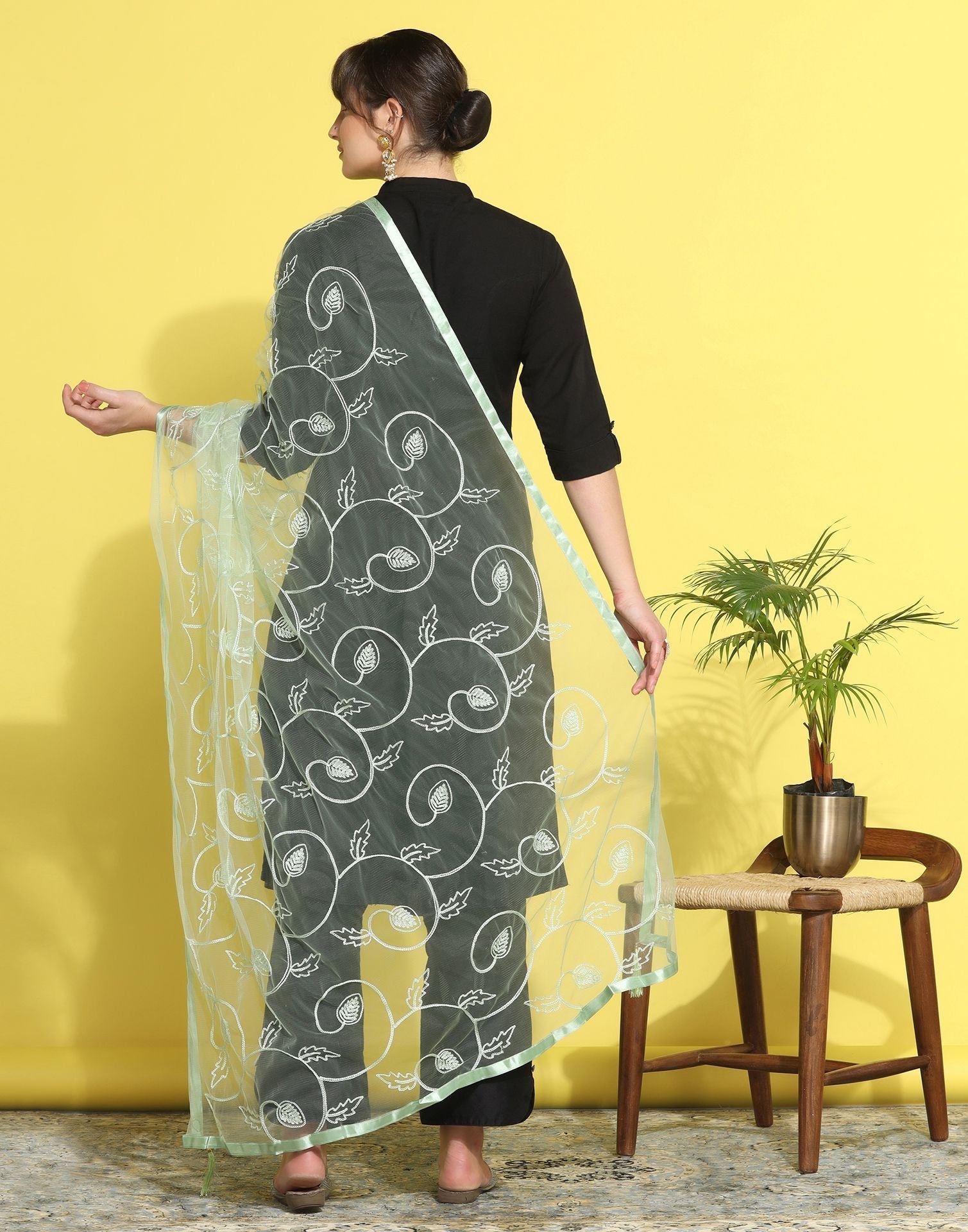 Light Green Net Embroidery Dupatta | Leemboodi