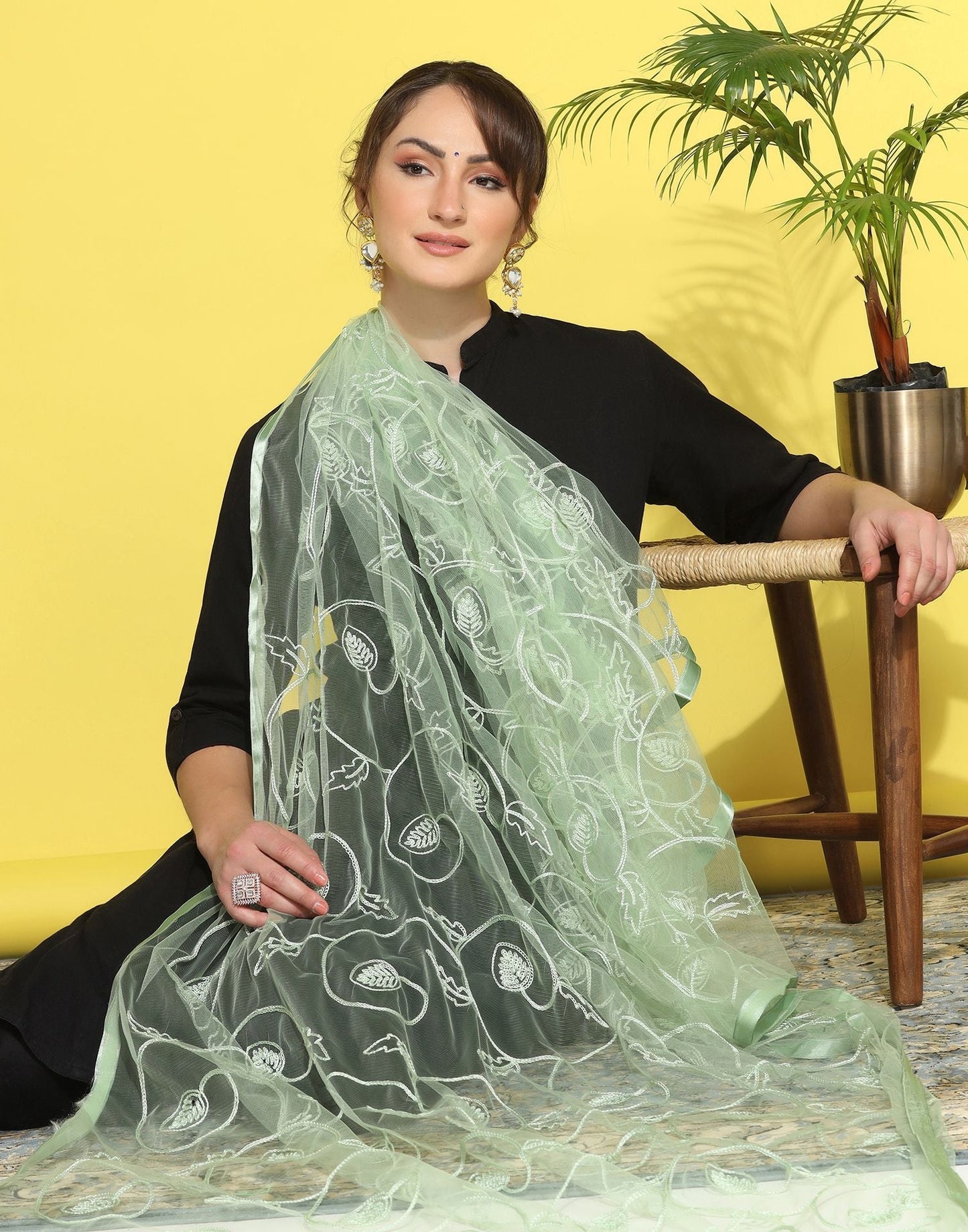 Light Green Net Embroidery Dupatta | Leemboodi