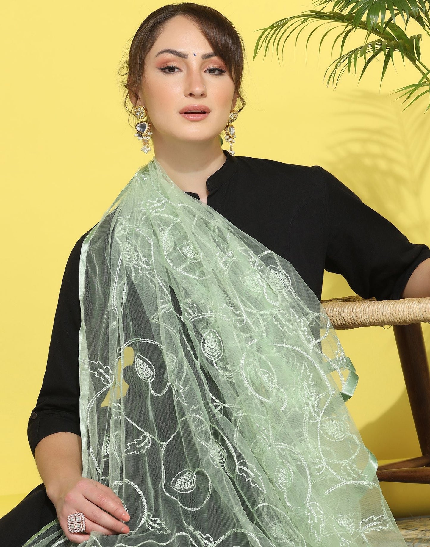 Light Green Net Embroidery Dupatta | Leemboodi
