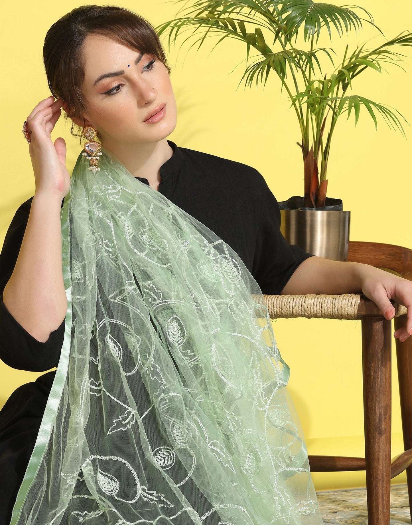 Light Green Net Embroidery Dupatta | Leemboodi