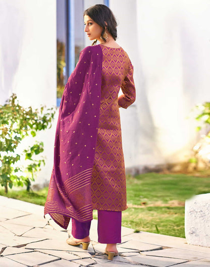 Dark Magenta Woven Brocade Straight Kurta With Pant And Dupatta