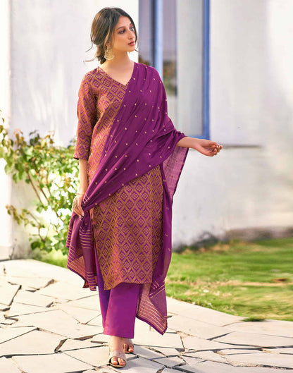 Dark Magenta Woven Brocade Straight Kurta With Pant And Dupatta