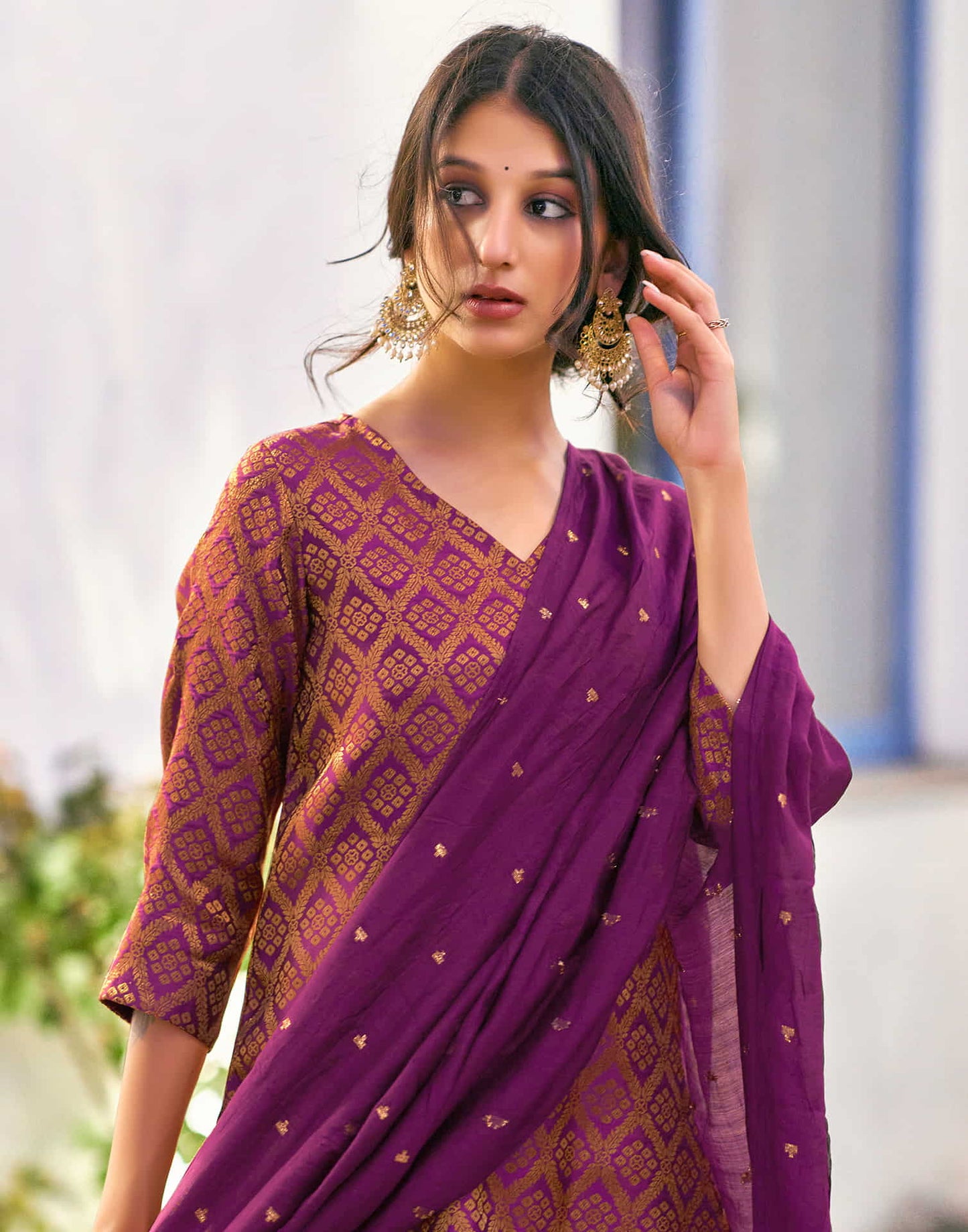 Dark Magenta Woven Brocade Straight Kurta With Pant And Dupatta