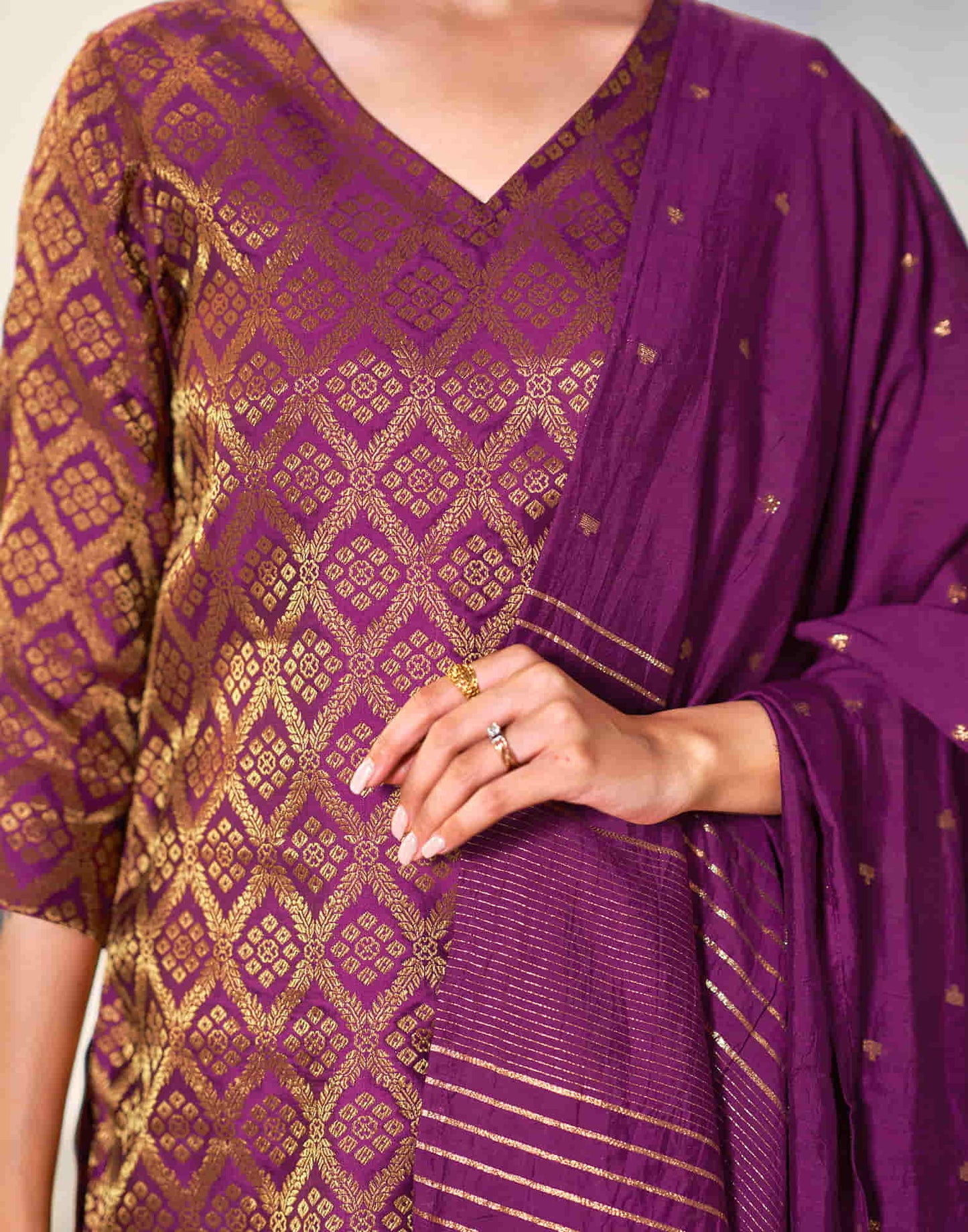 Dark Magenta Woven Brocade Straight Kurta With Pant And Dupatta