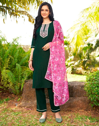 Pink Chinnon Embroidery Straight Kurta Set