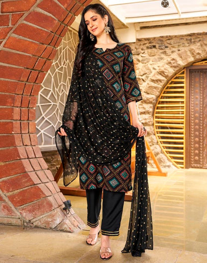 Black Rayon Printed Straight Kurta Set