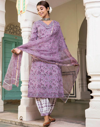 Lavender Printed Rayon Straight Kurta Set with Dupatta