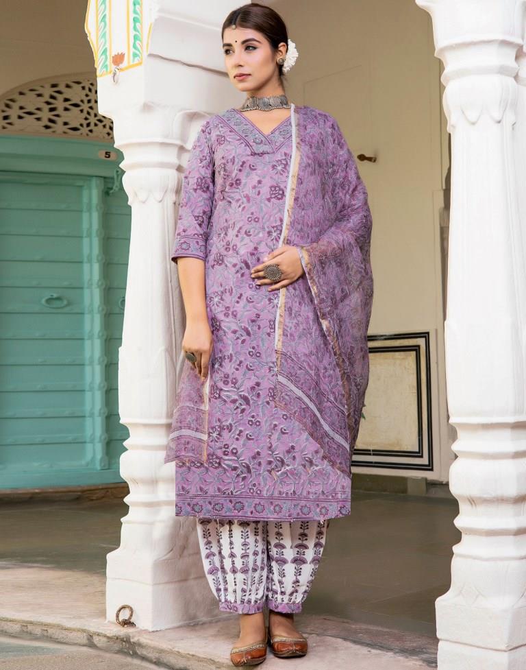 Lavender Printed Rayon Straight Kurta Set with Dupatta