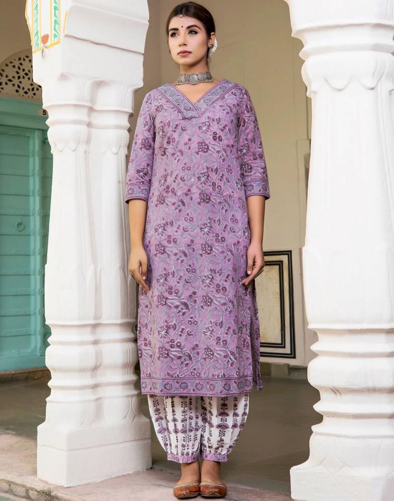 Lavender Printed Rayon Straight Kurta Set with Dupatta