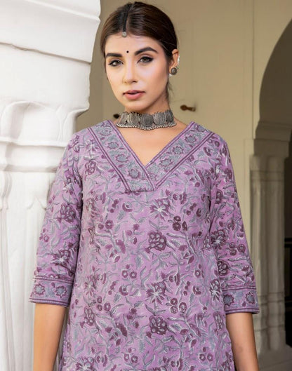 Lavender Printed Rayon Straight Kurta Set with Dupatta