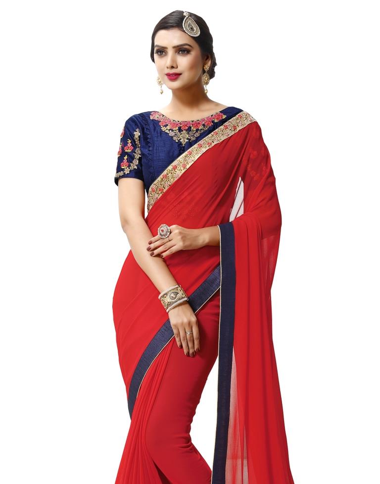 Red Coloured Georgette Zari Stone Embroidered Partywear saree | Leemboodi