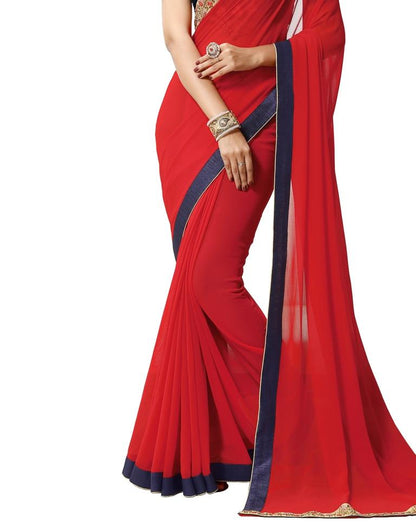 Red Coloured Georgette Zari Stone Embroidered Partywear saree | Leemboodi
