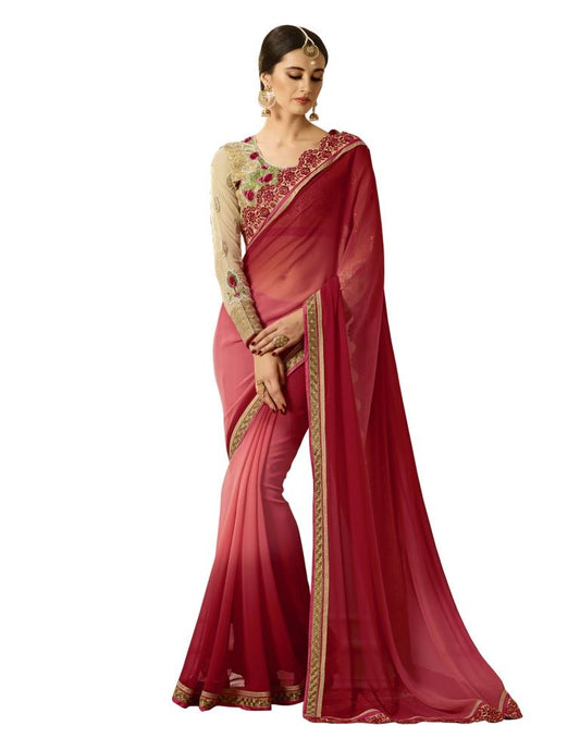 Red Coloured Georgette Zari Embroidered Partywear saree | Leemboodi