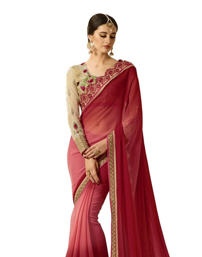 Red Coloured Georgette Zari Embroidered Partywear saree | Leemboodi
