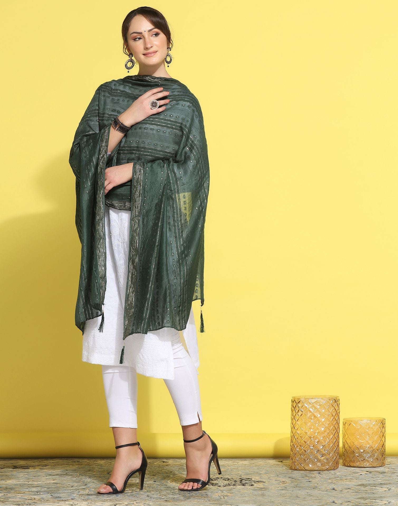 Green Cotton Plain Dupatta | Leemboodi