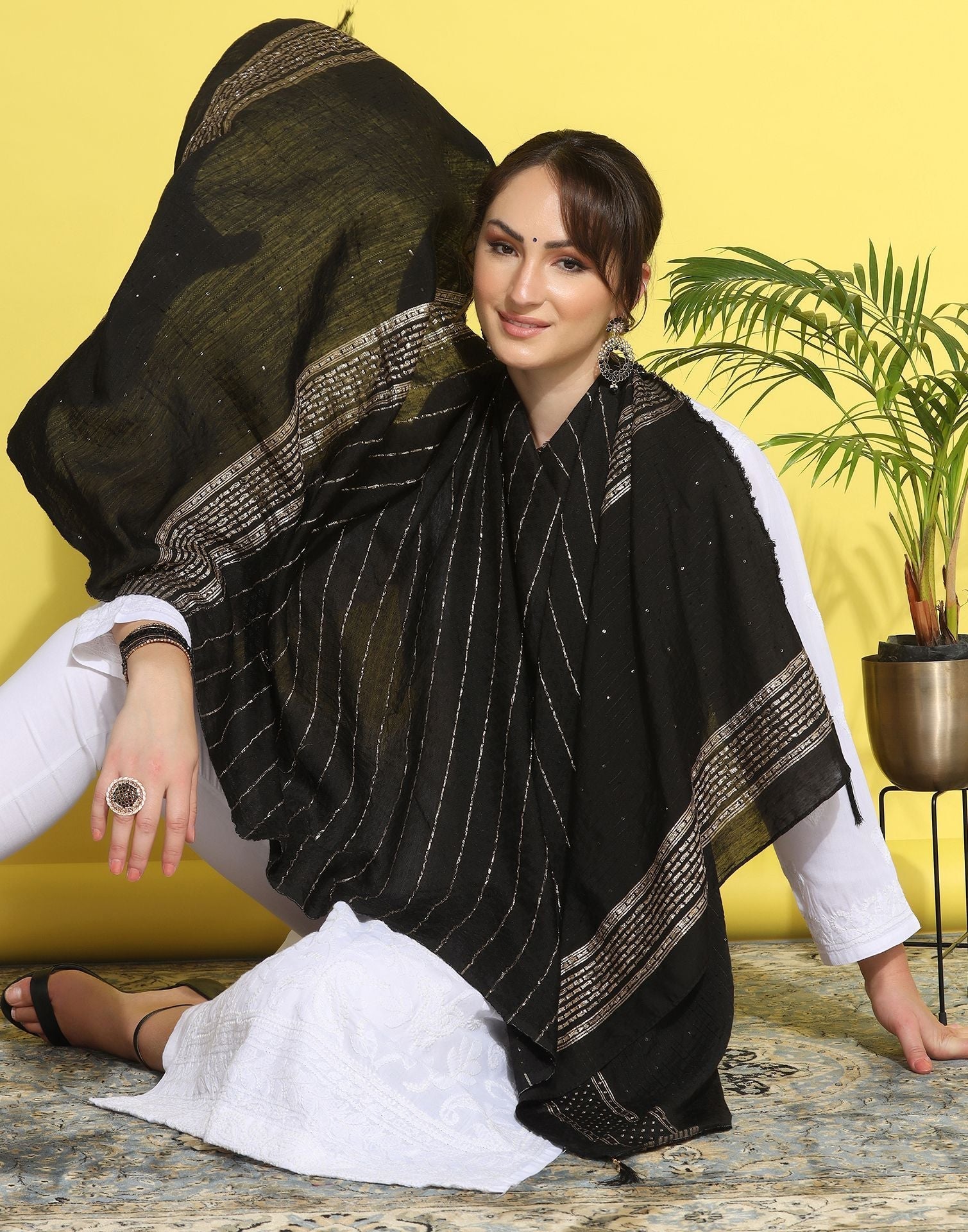 Black Cotton Plain Dupatta | Leemboodi